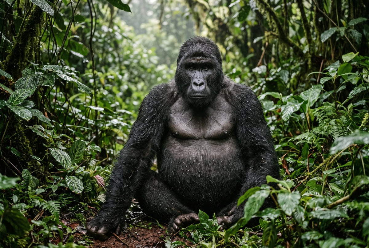 Adult male Grauer's gorilla seated face-on among rain-soaked leaves in lowland rainforest