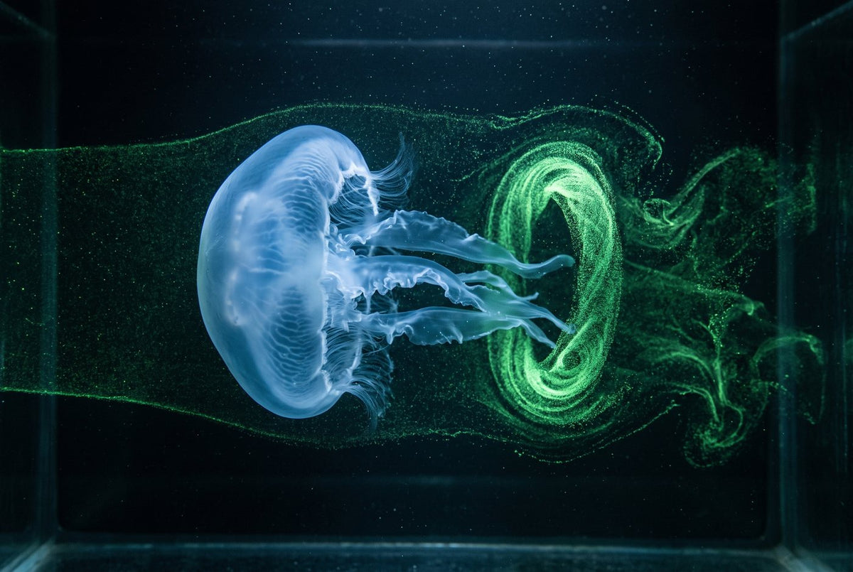 Moon jelly swimming through a dark flow tank, green tracer particles curling into a vortex ring