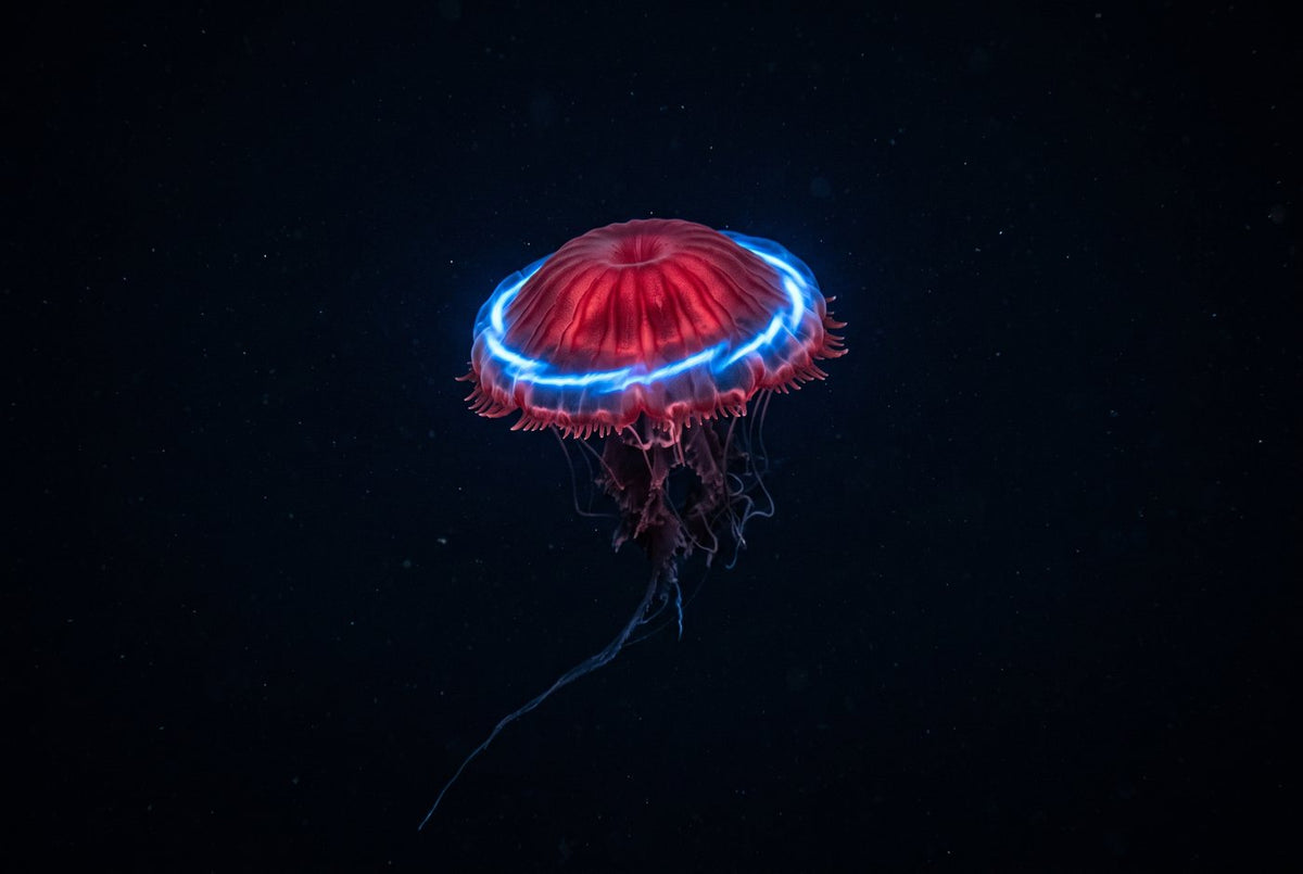 Crimson crown jelly Atolla in black midwater, a bright blue ring of light glowing around its bell