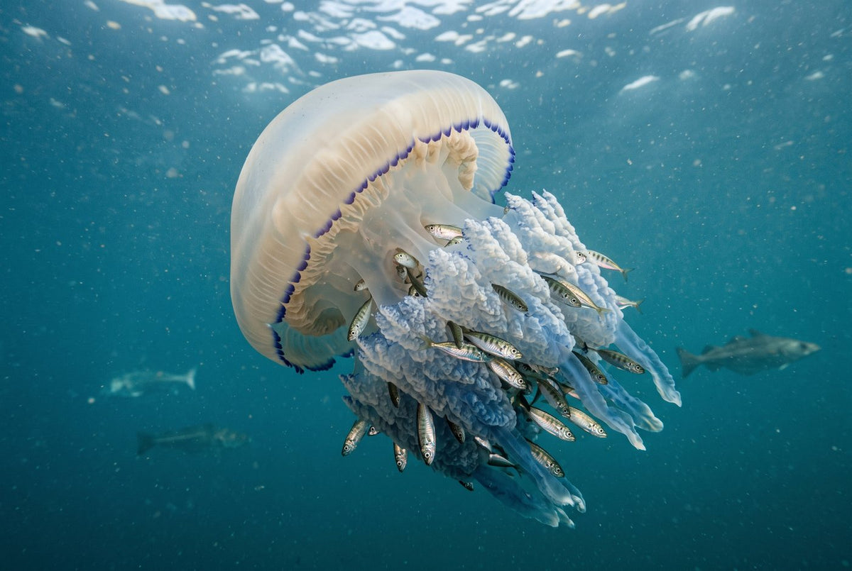 Barrel jellyfish in open water with young horse mackerel sheltering among its frilled oral arms