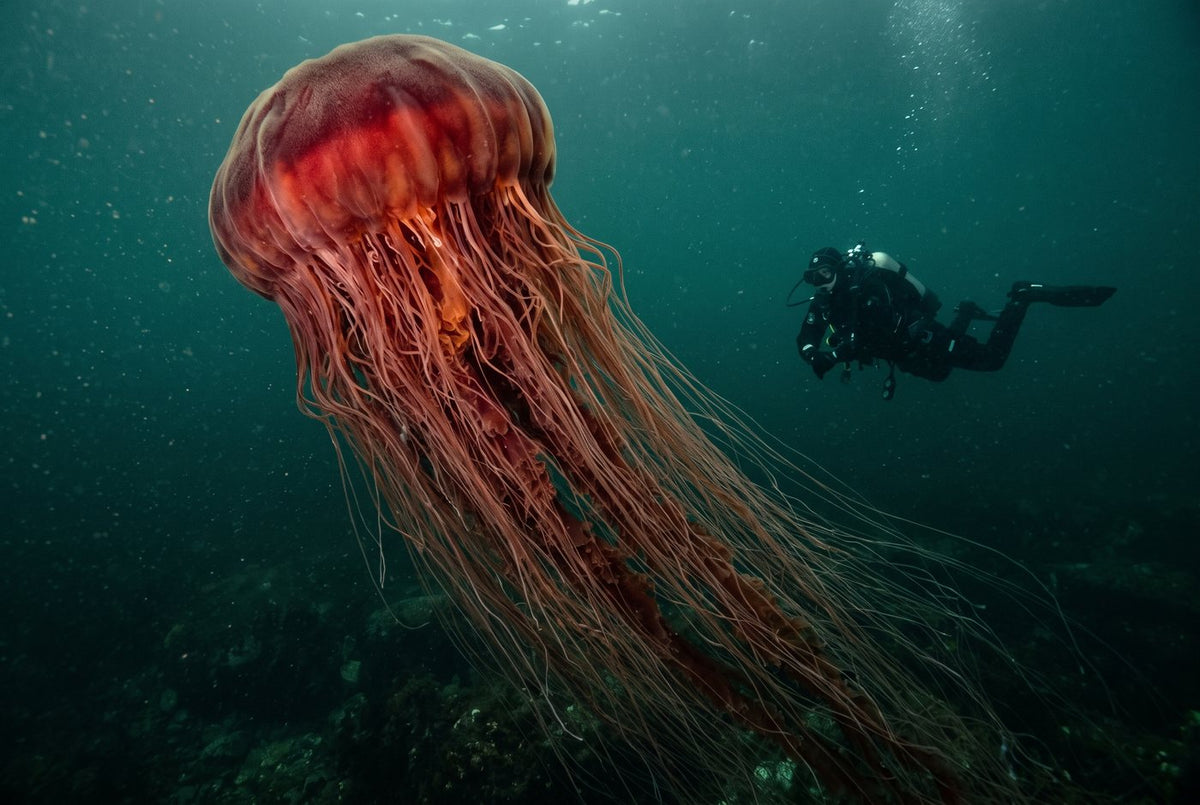 Crimson lion's mane jellyfish trailing a dense curtain of tentacles past a distant scuba diver