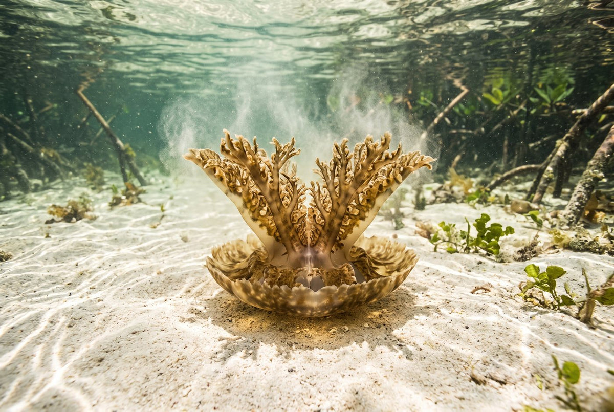Upside-down jellyfish resting bell down on pale sand, branching brown oral arms raised to the light
