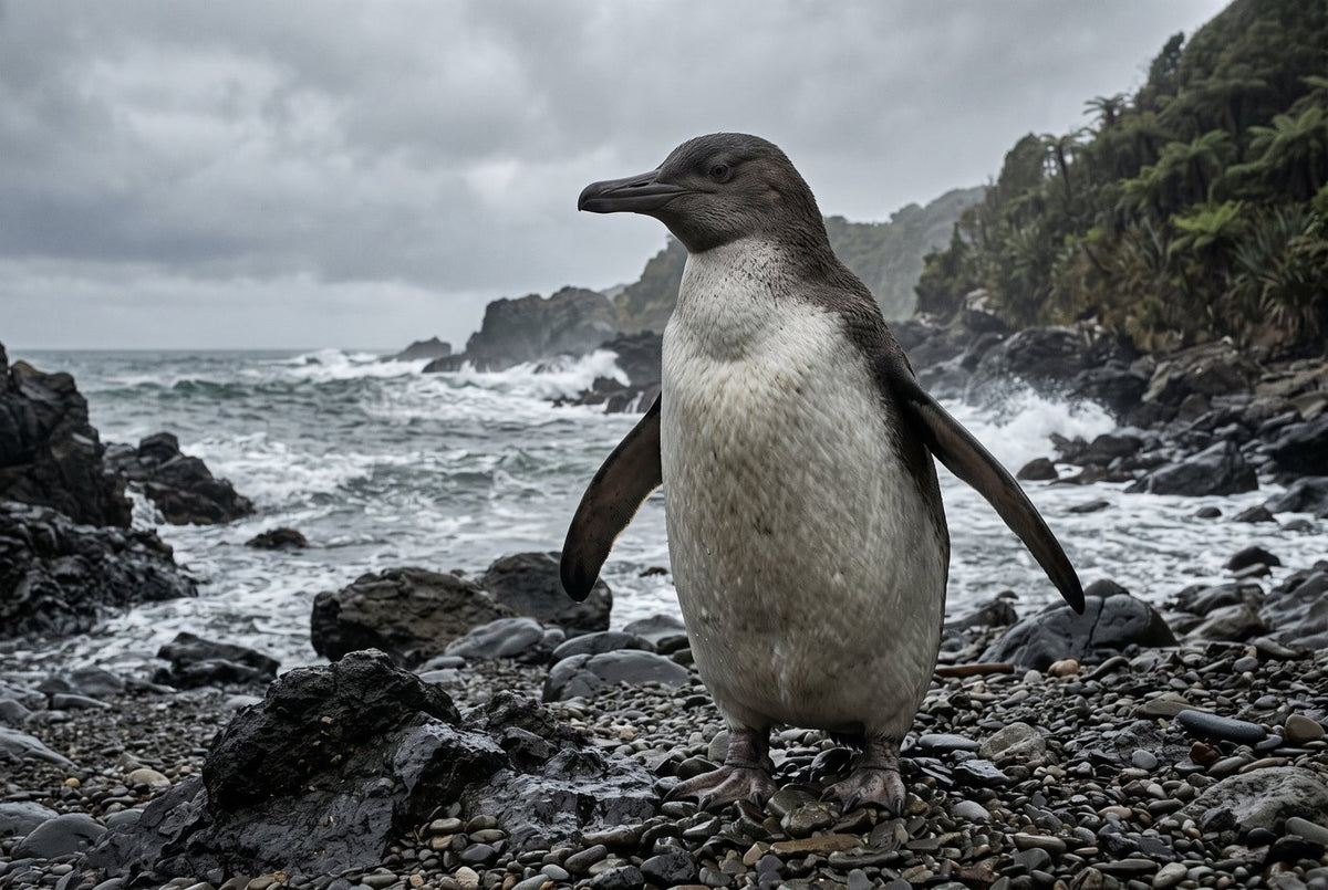 Reconstruction of the extinct giant penguin Kumimanu fordycei on a stormy pebble shore