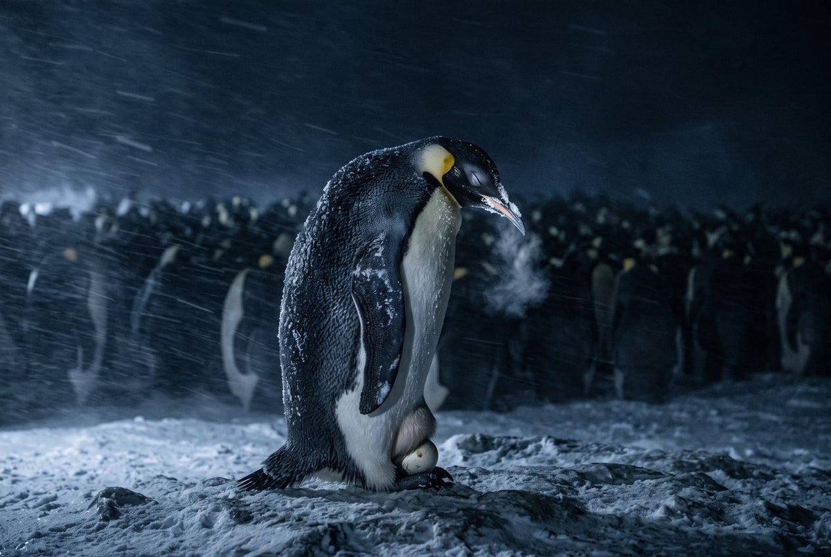 Male emperor penguin with frost on its bill, an egg on its feet in a night blizzard