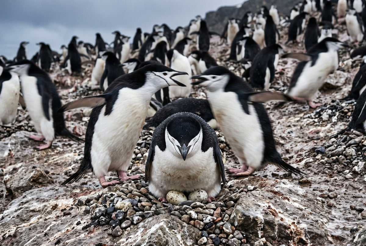 Chinstrap penguin dozing on two speckled eggs in a pebble nest as neighbours squabble