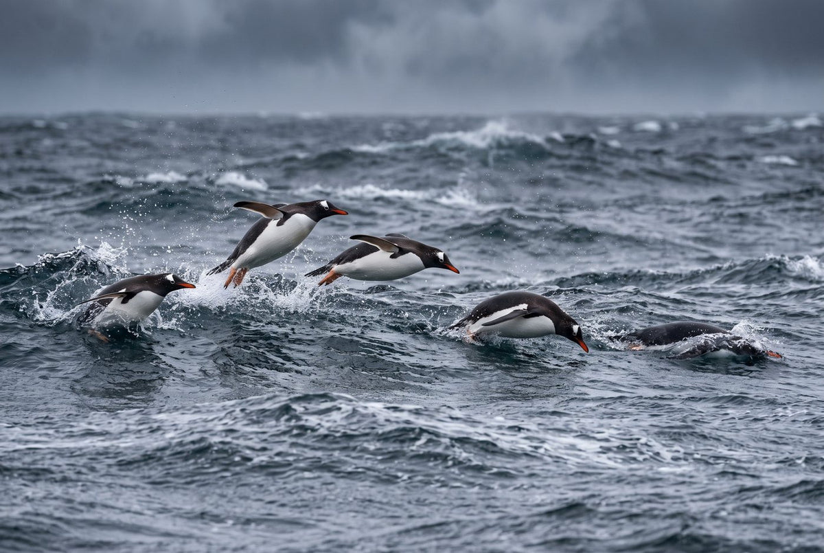 Gentoo penguins porpoising through rough grey Southern Ocean water, two of them airborne
