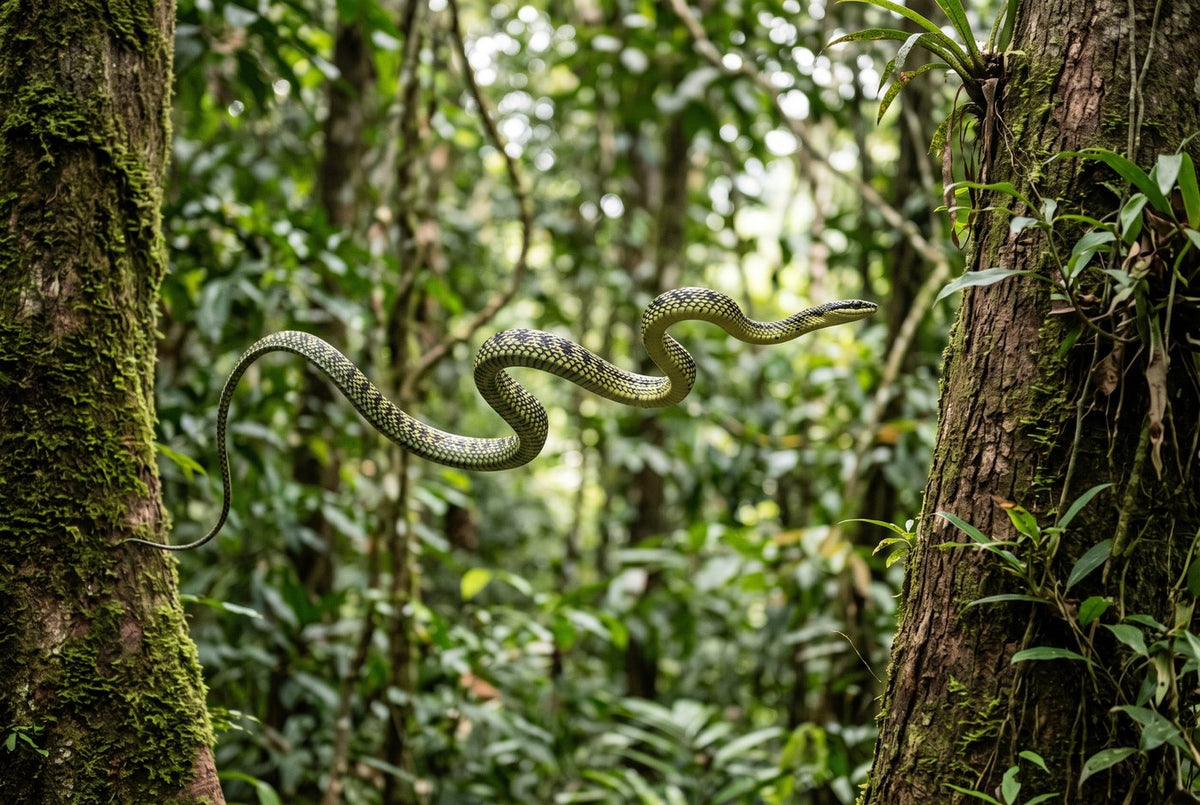 Paradise tree snake gliding in a flattened S curve between two rainforest trunks