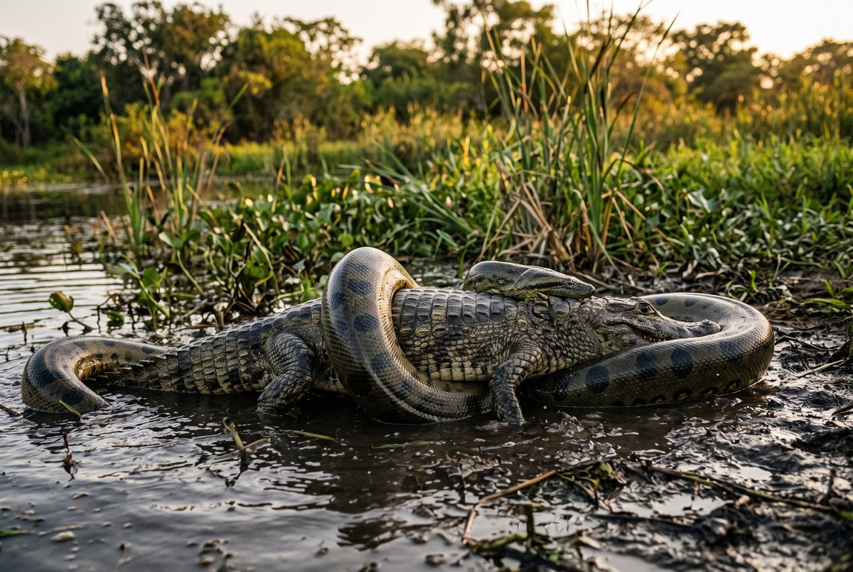 Green anaconda coiled around a spectacled caiman at the muddy edge of a wetland