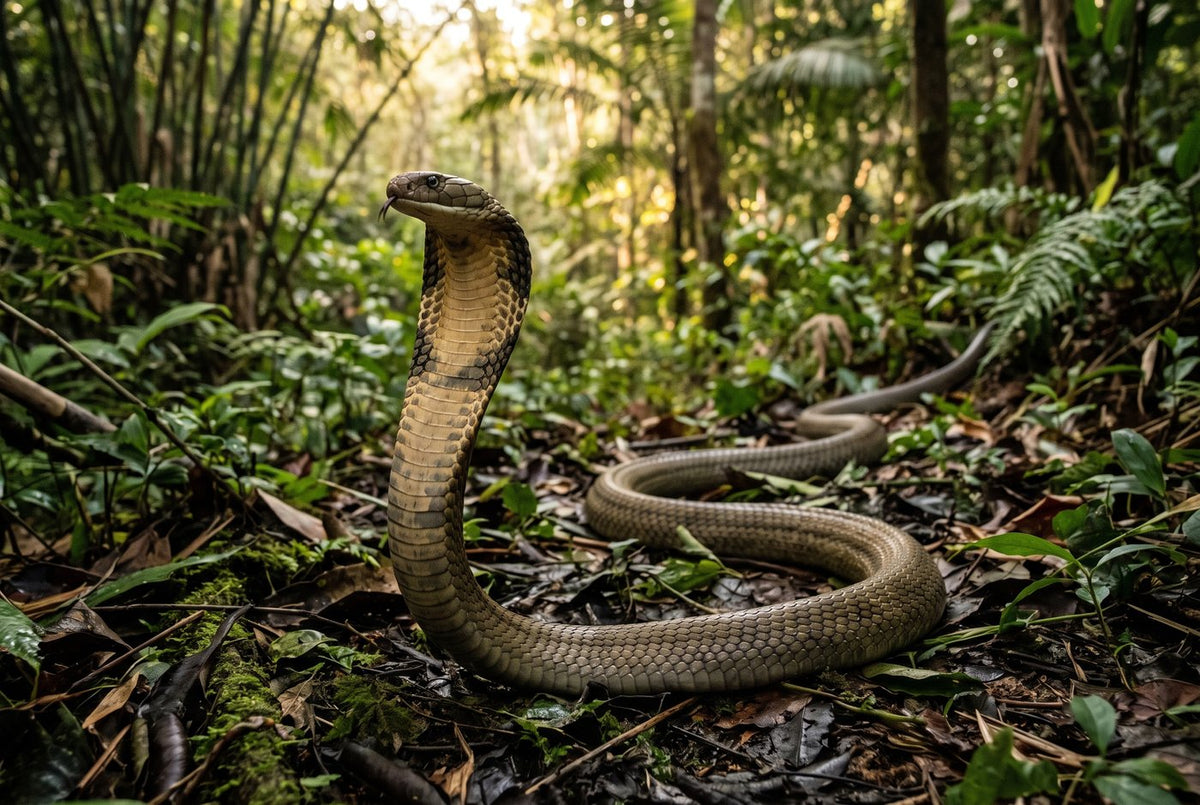 King cobra rising with its hood spread above a long coil on the forest floor