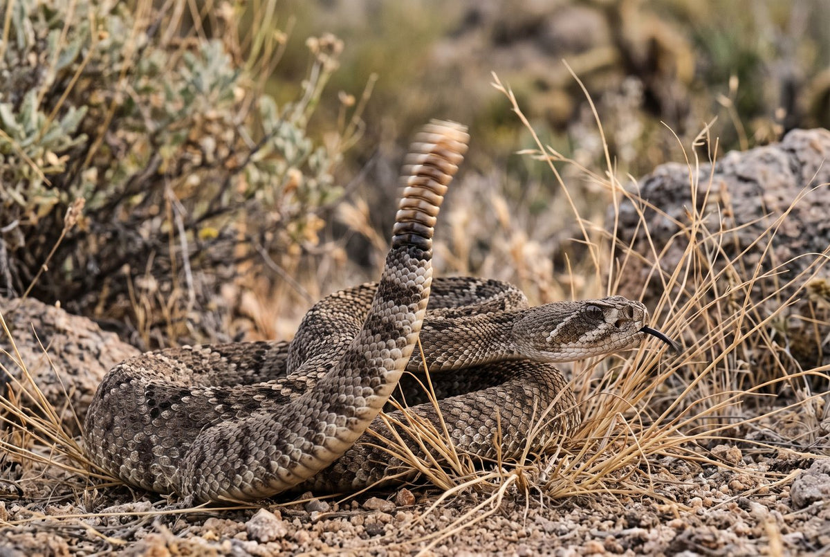 Western diamondback rattlesnake coiled in desert scrub, its raised rattle blurred with motion