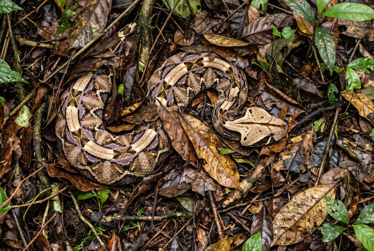 Gaboon viper coiled and almost invisible in wet rainforest leaf litter, seen from above