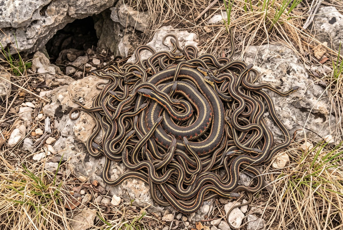 Red-sided garter snakes knotted in a spring mating ball on limestone beside a den
