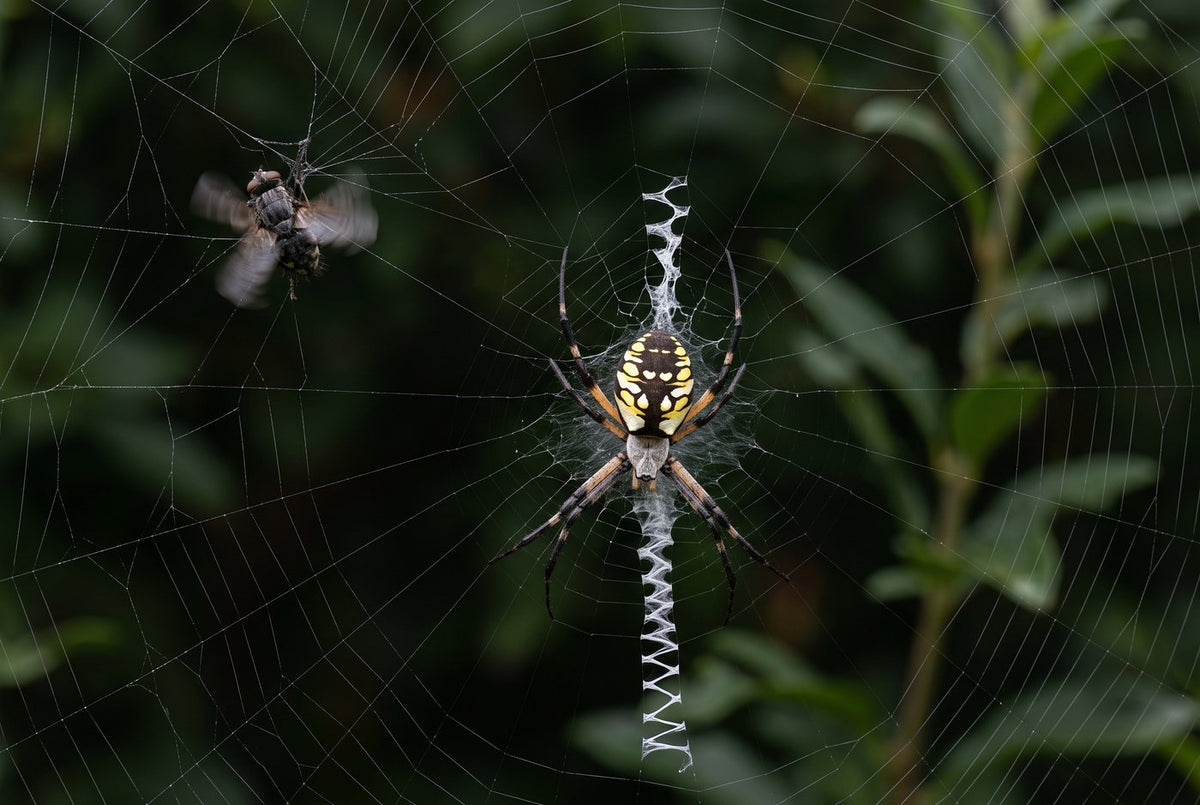 Black and yellow orb weaver at its web hub with a zigzag silk band, a fly buzzing nearby