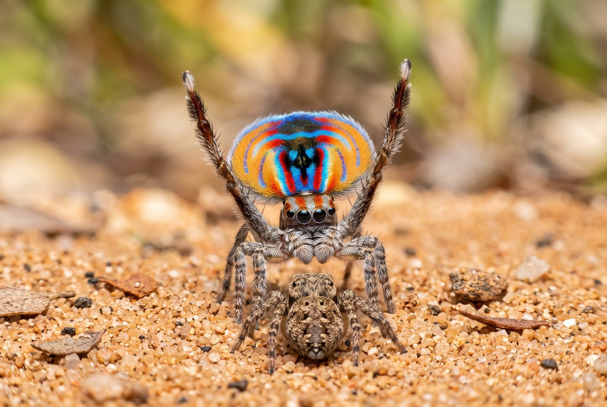 Male jumping spider raising his legs and a rainbow fan in a courtship dance for a female