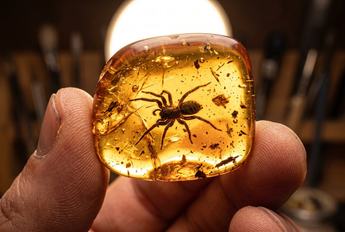 Fossil spider trapped in a glowing nugget of Burmese amber held between two fingers