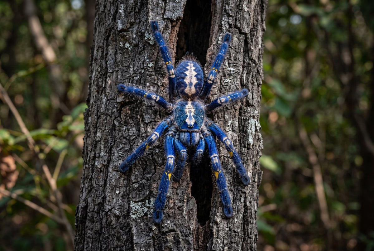 Gooty sapphire tarantula, vivid blue with pale markings, spread flat on a tree trunk