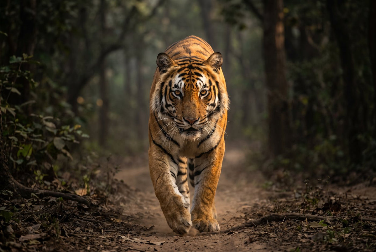 Bengal tiger walking straight toward the camera along a dusty forest track, amber eyes fixed ahead