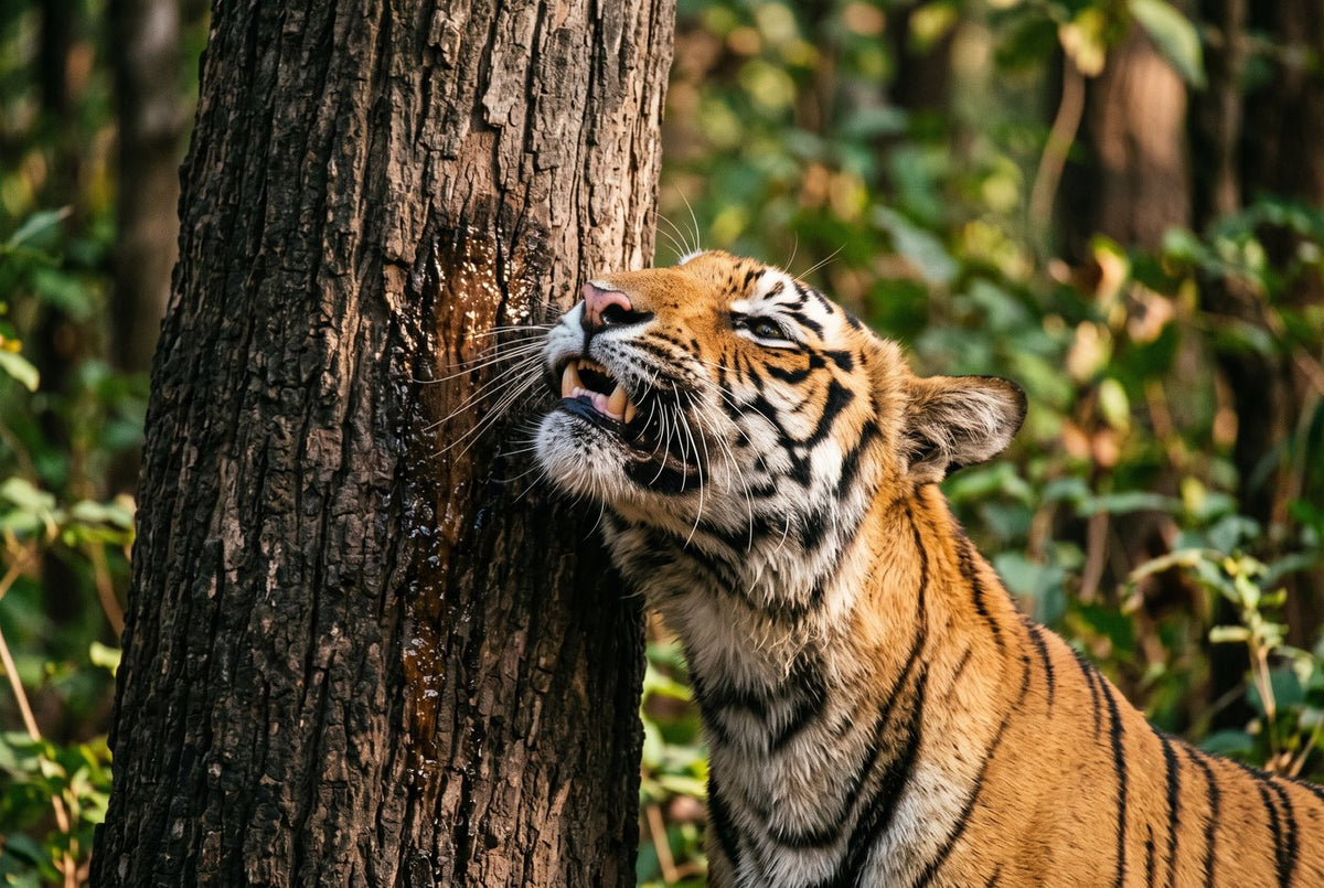 Bengal tiger curling its upper lip in the flehmen response beside a wet scent mark on bark