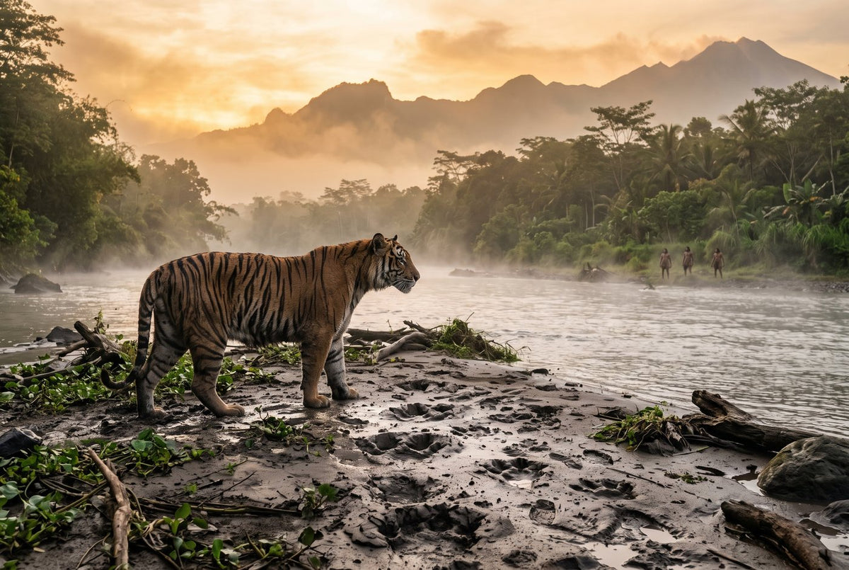 Extinct Ngandong tiger on a muddy Java riverbank at dawn below misty volcanic ridges
