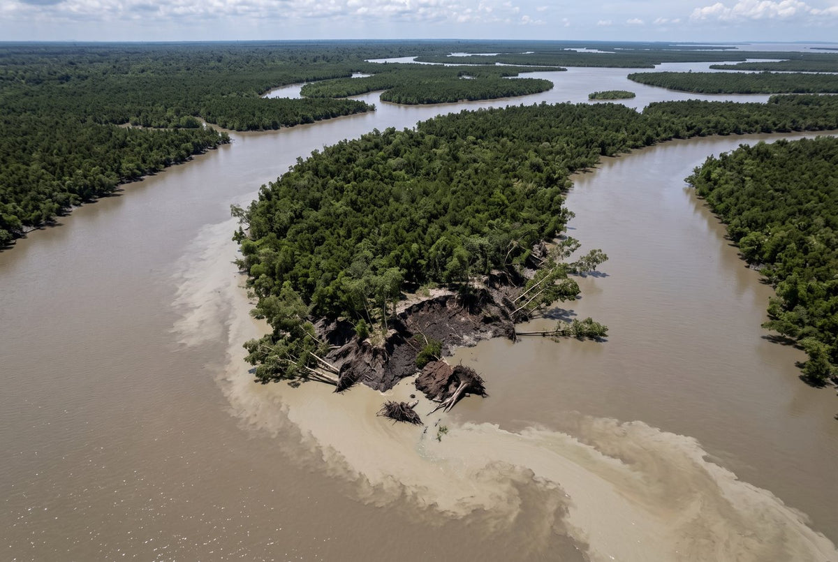 Aerial view of Sundarbans mangrove islands split by brown tidal channels, one bank collapsing