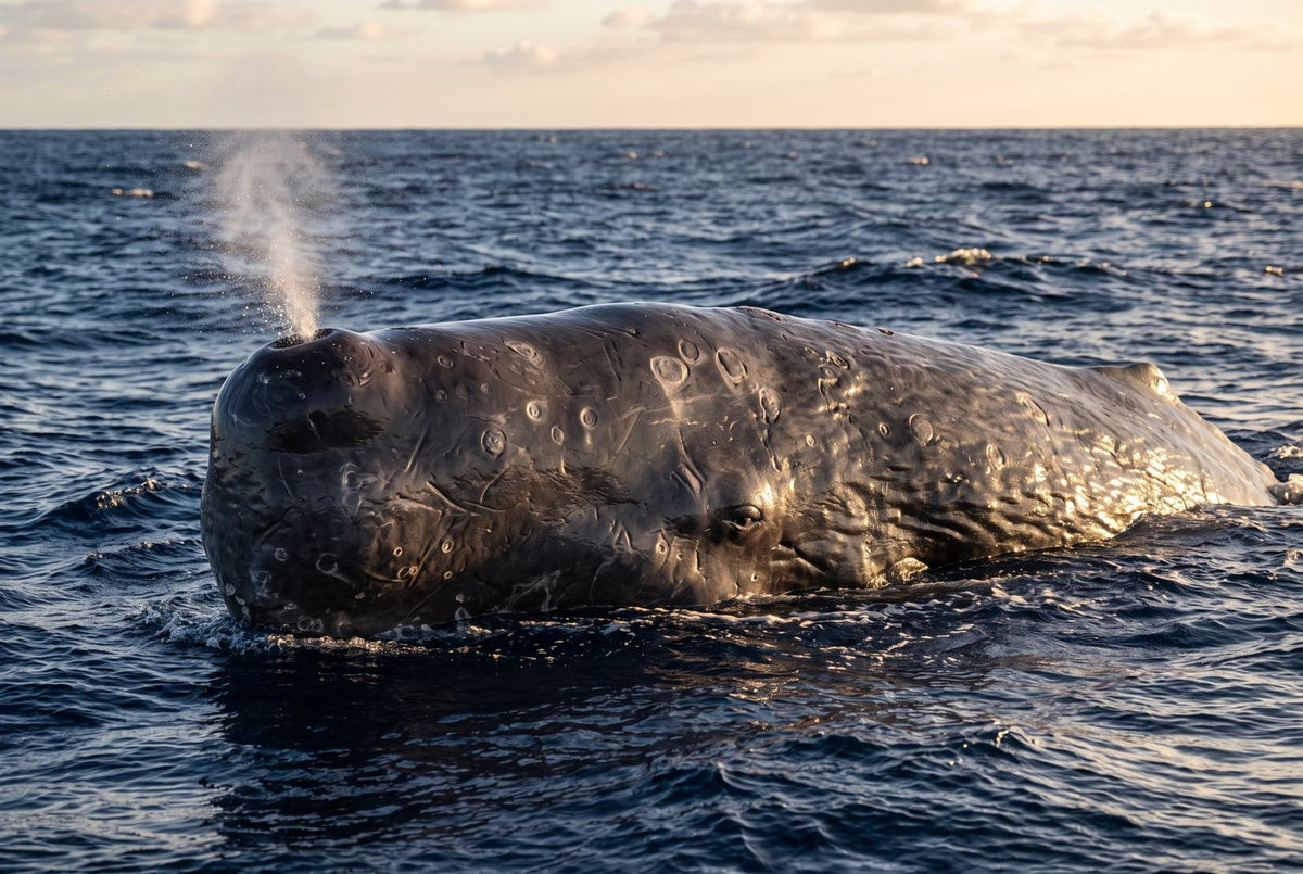 Sperm whale's scarred, blunt head resting at the ocean surface as it blows an angled spout