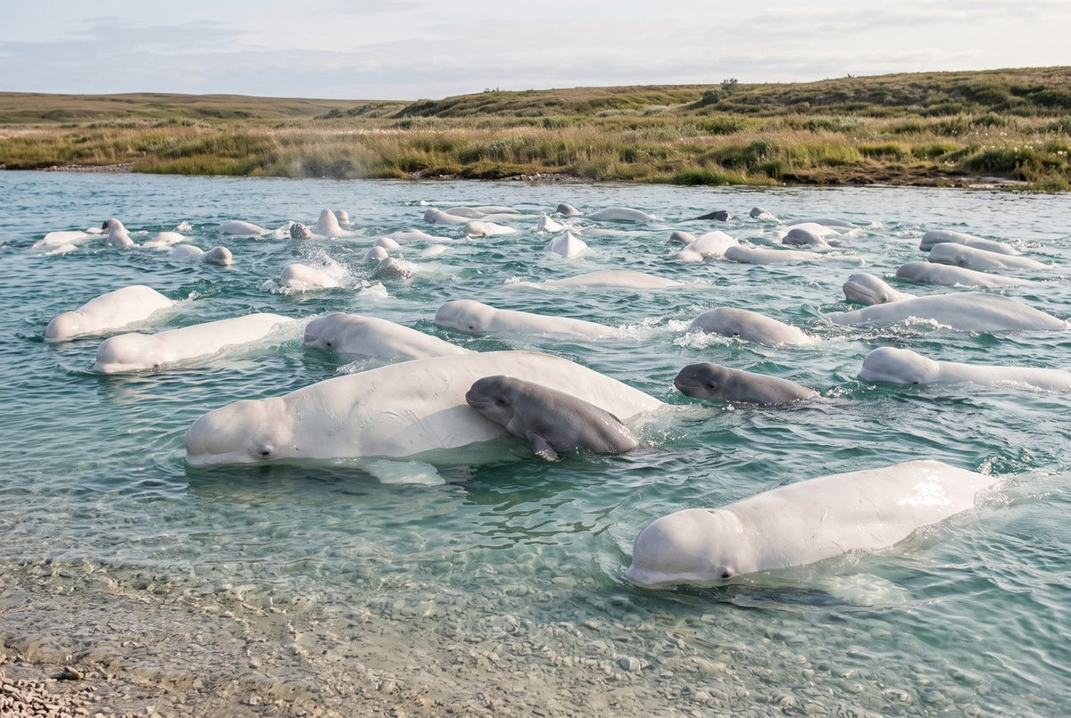 Dozens of white belugas and grey calves crowding a shallow Arctic river estuary in summer