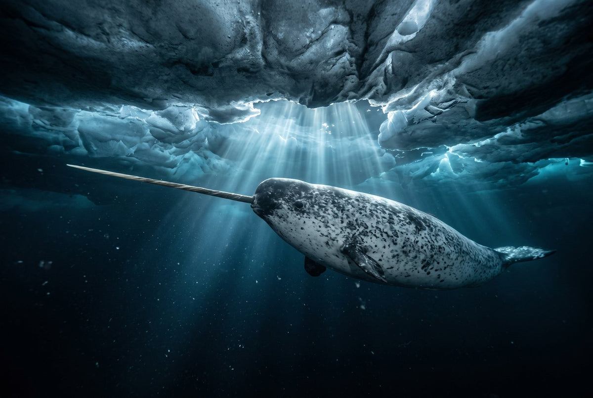 Male narwhal with a long spiralled tusk swimming beneath Arctic pack ice, light rays above