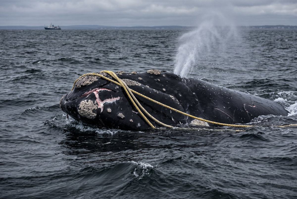 North Atlantic right whale surfacing with yellow rope wrapped around its scarred head