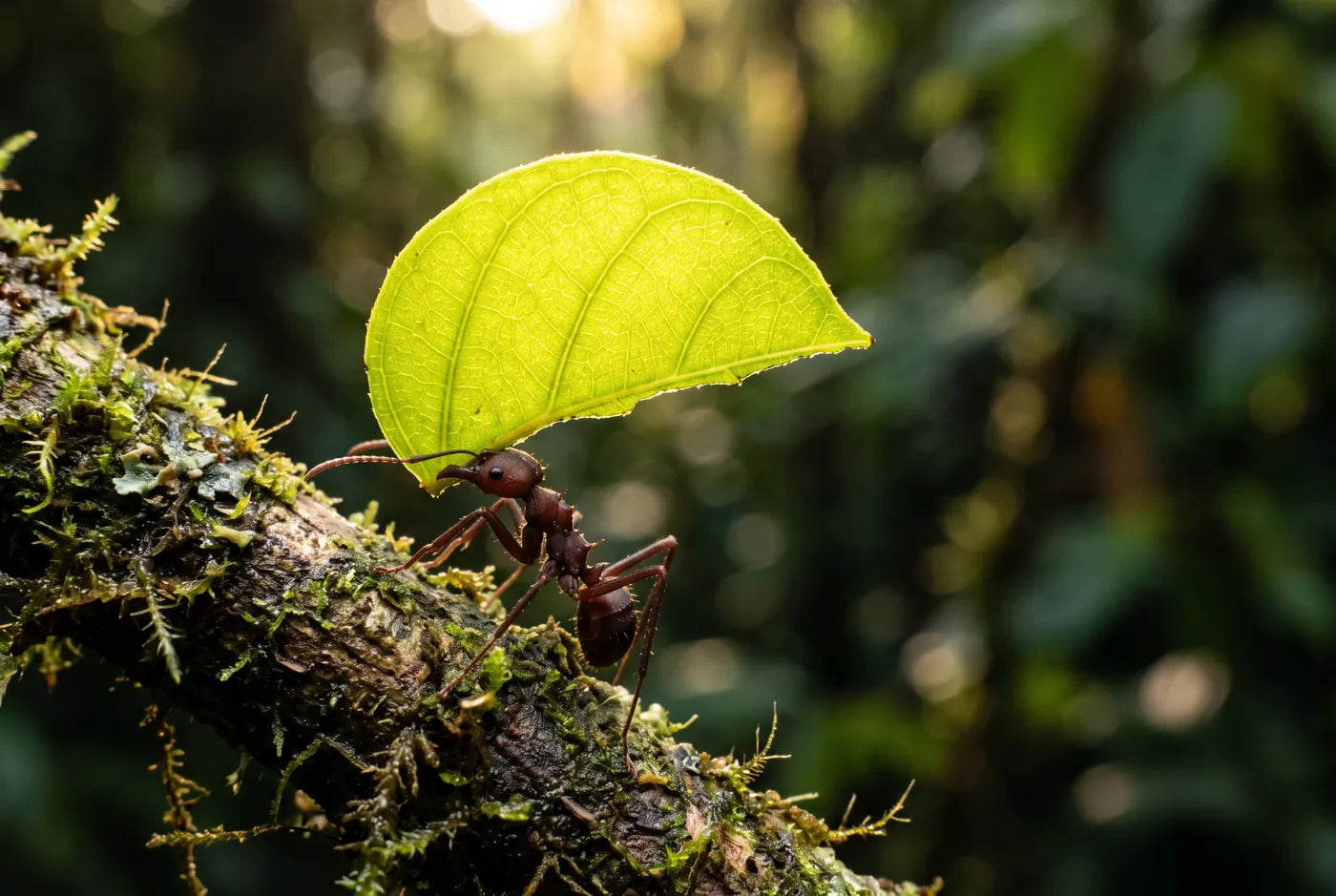 Leafcutter ant carrying a leaf larger than its body