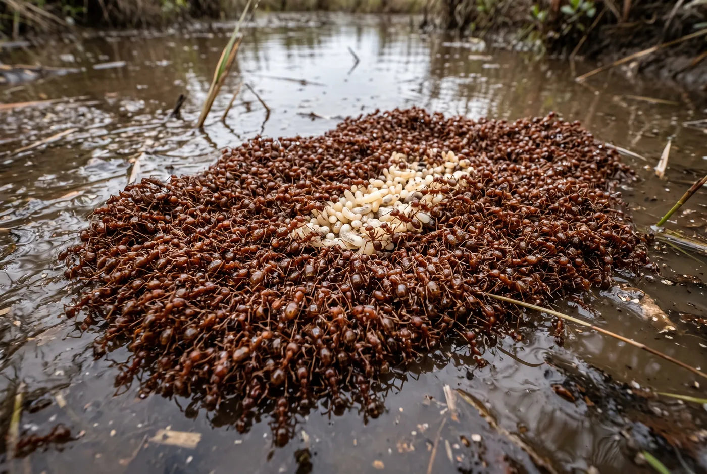 Fire ants linked into a living raft