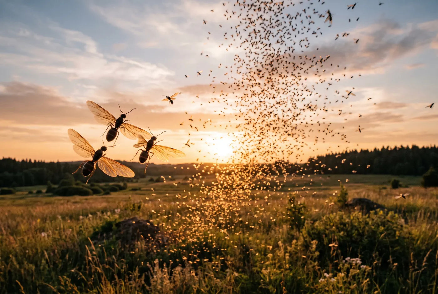 Nuptial flight of flying ants at golden hour