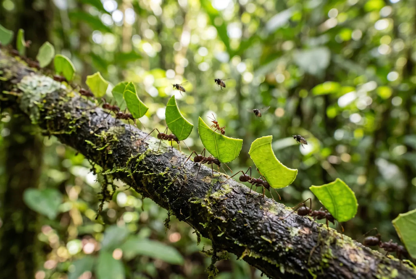 Leafcutter ants in a harvesting line on a trail