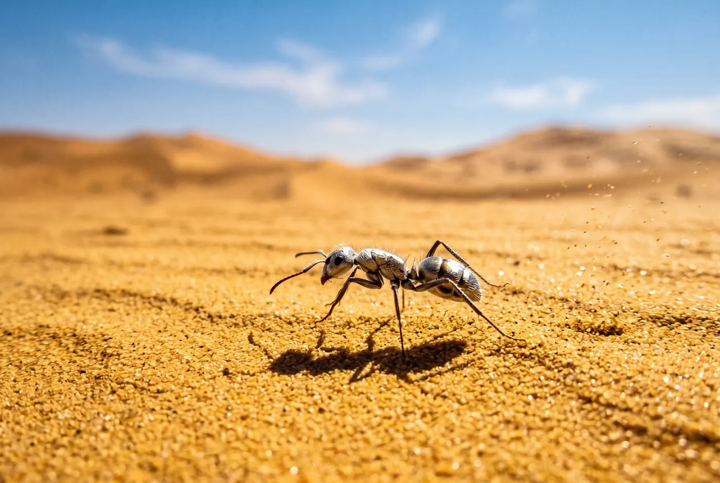 Saharan silver ant sprinting across hot sand