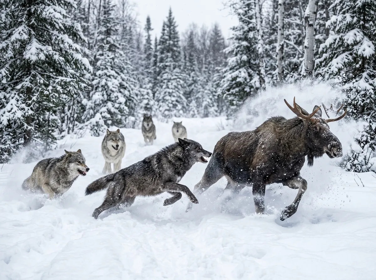 Wolf pack running prey across snow