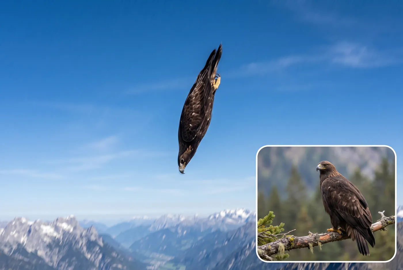 Golden eagle diving with wings folded tight