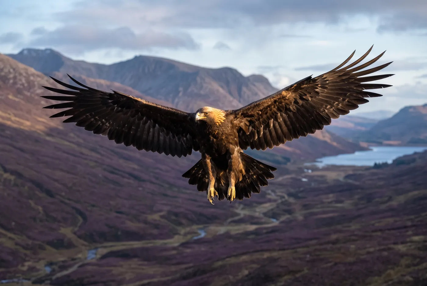 Golden eagle holding motionless on mountain wind