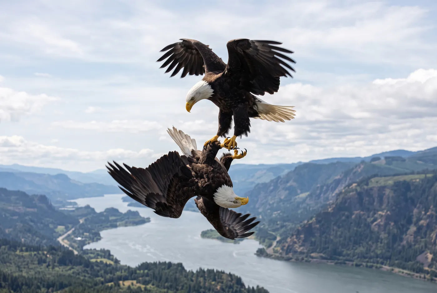 Two bald eagles locked talon to talon in mid air