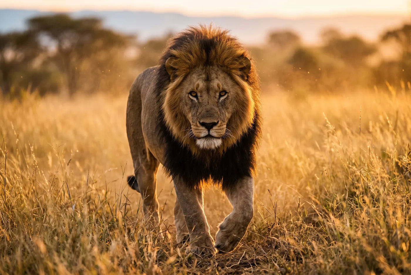 Male African lion walking through golden savanna grass