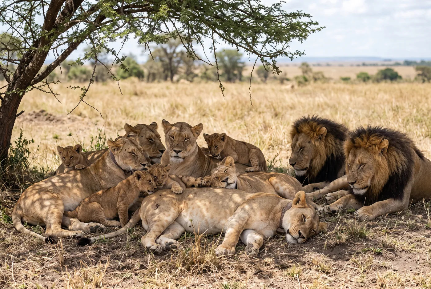 Lion pride resting together in acacia shade