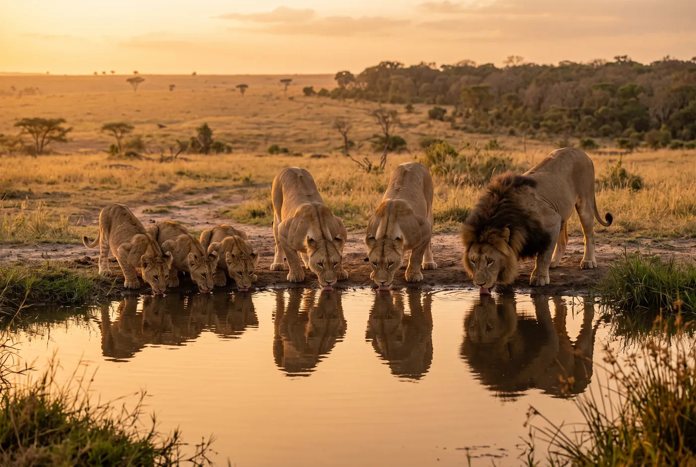 Lion pride drinking at a waterhole