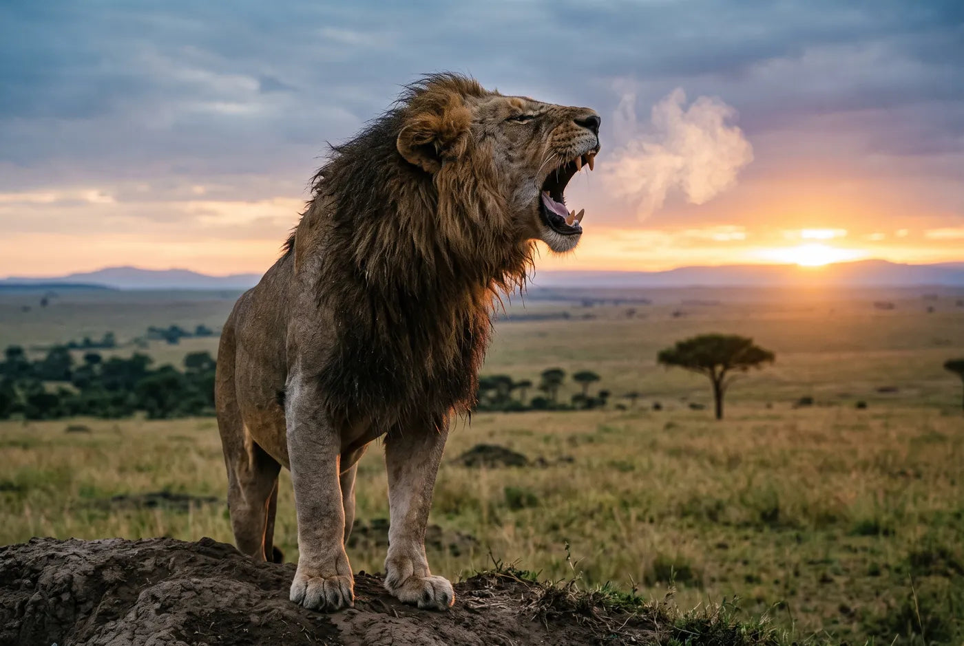 Male African lion roaring at dawn