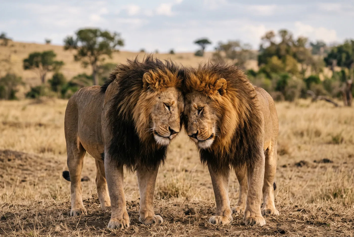 Two coalition male lions greeting head to head