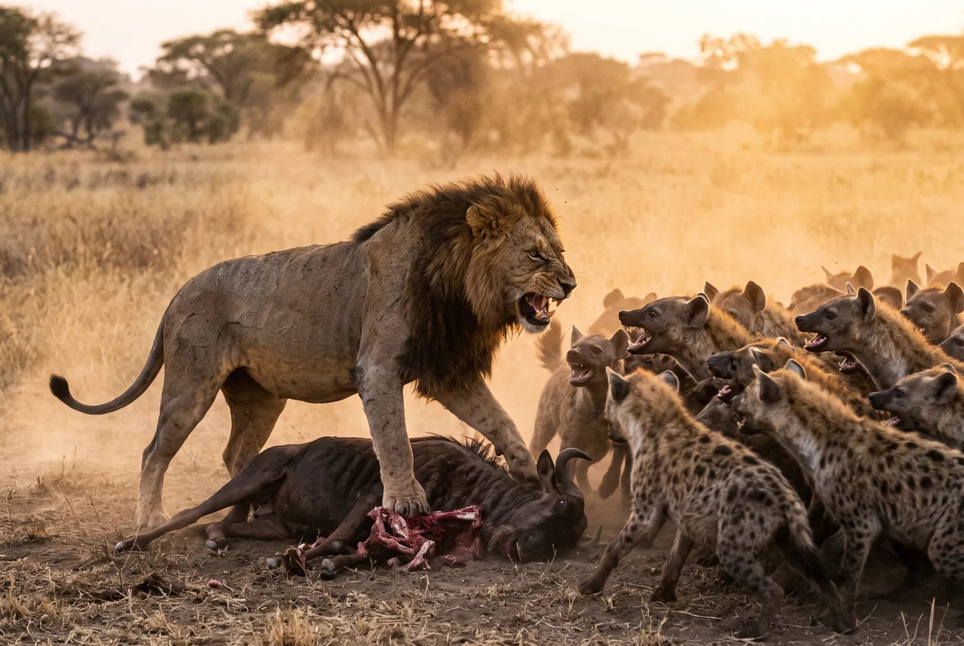 Large male lion standing over a kill