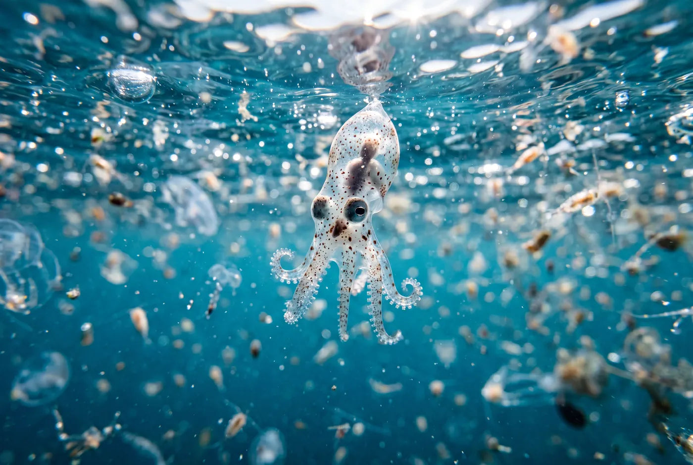 Octopus paralarva drifting in sunlit open water