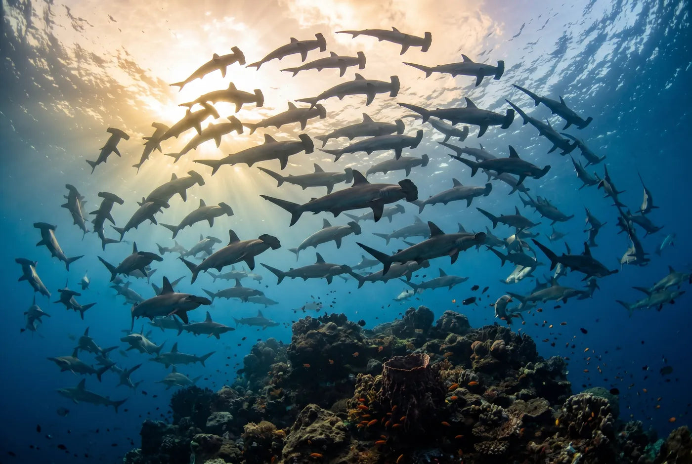 School of scalloped hammerhead sharks underwater
