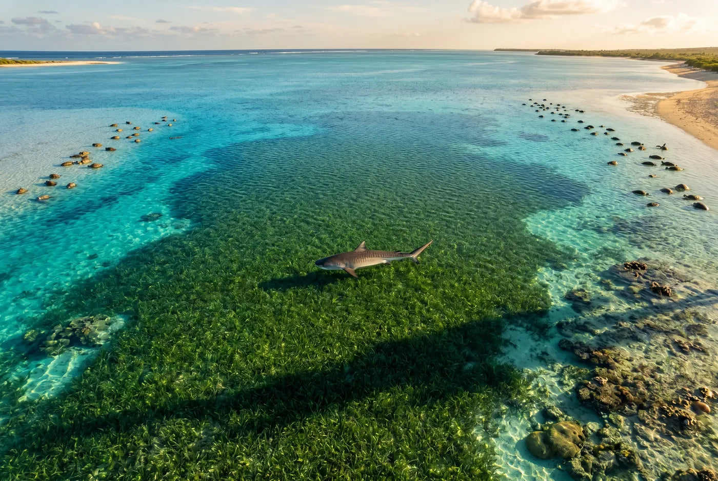 Aerial view of a seagrass meadow in shallow turquoise water