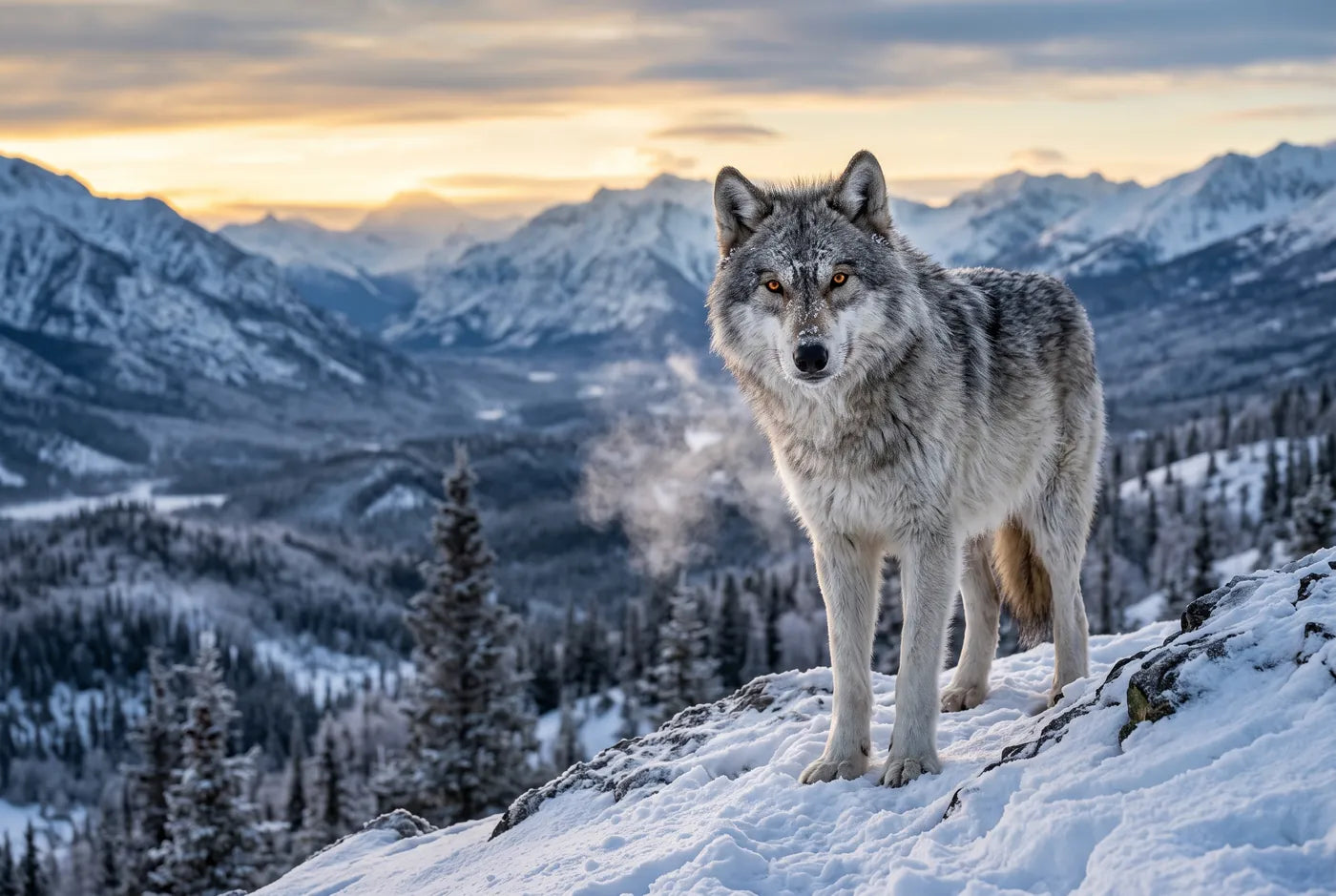Grey wolf on a snowy ridge above a valley
