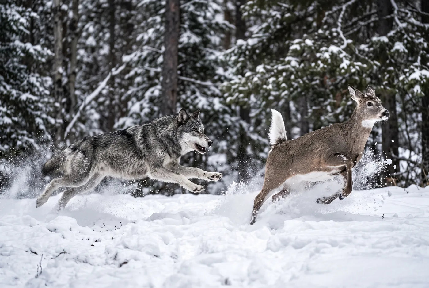 Grey wolf at full stride in a chase