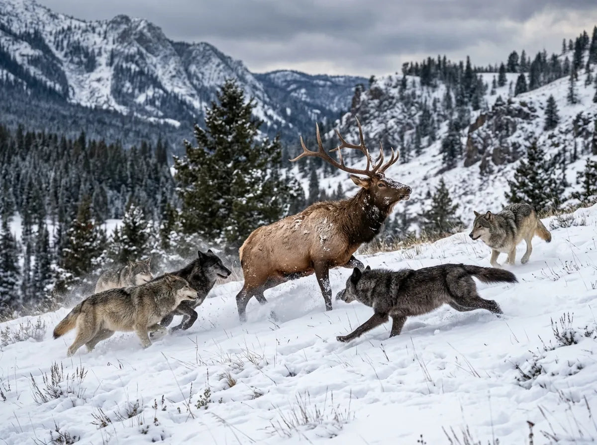 Wolf pack coordinating an elk hunt