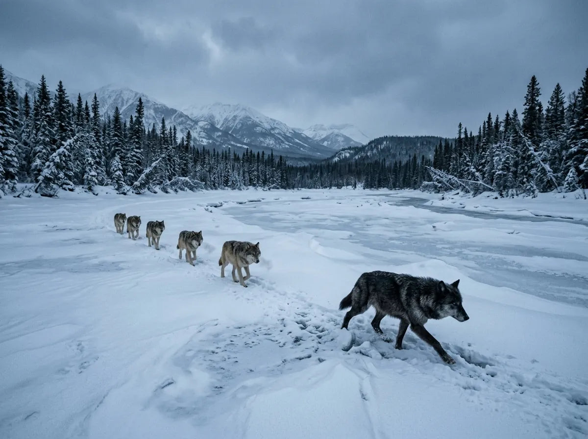 Wolf pack crossing a frozen river in winter